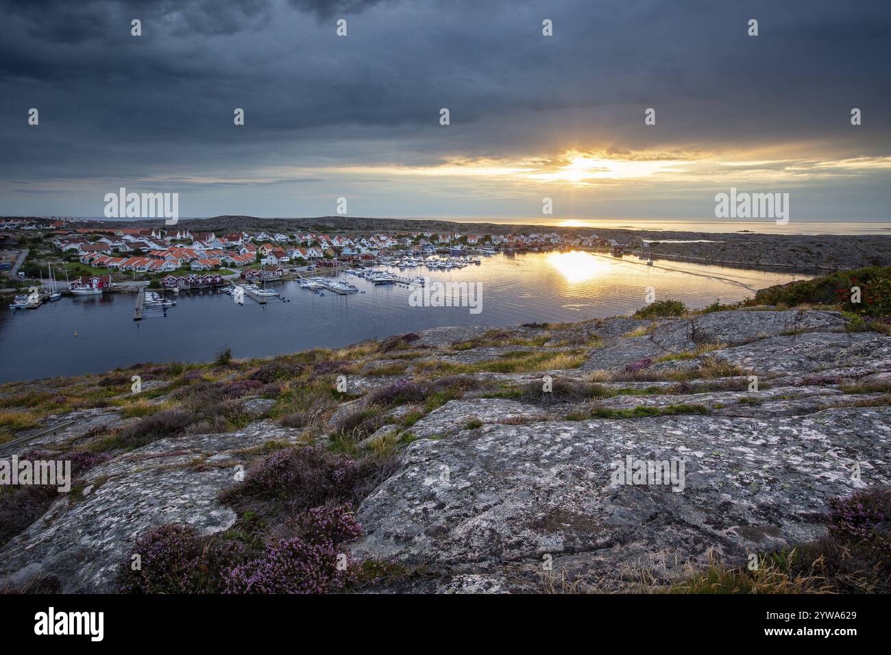 Sunset over the harbour of Smoegen, Sweden, Scandinavia, Europe Stock Photo