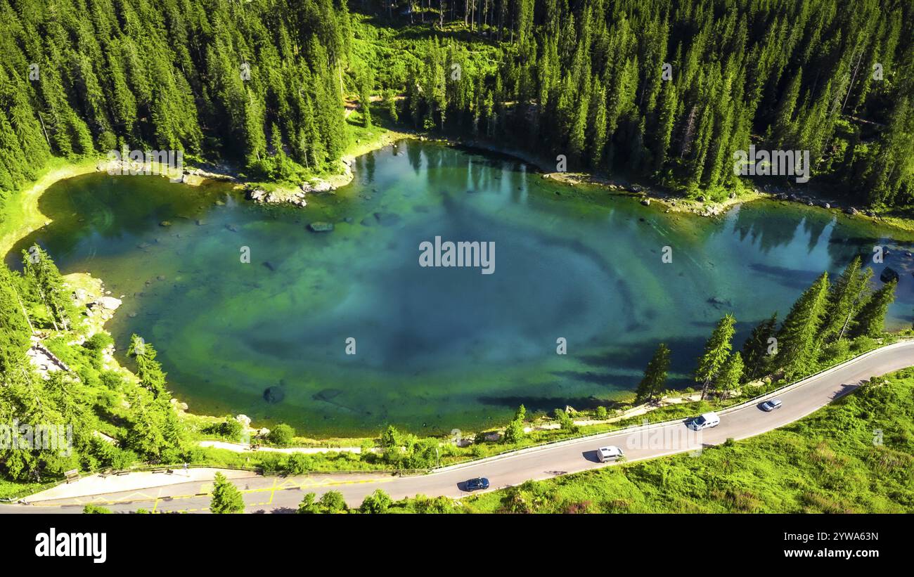 Aerial view capturing the stunning turquoise waters of alpine lake ...