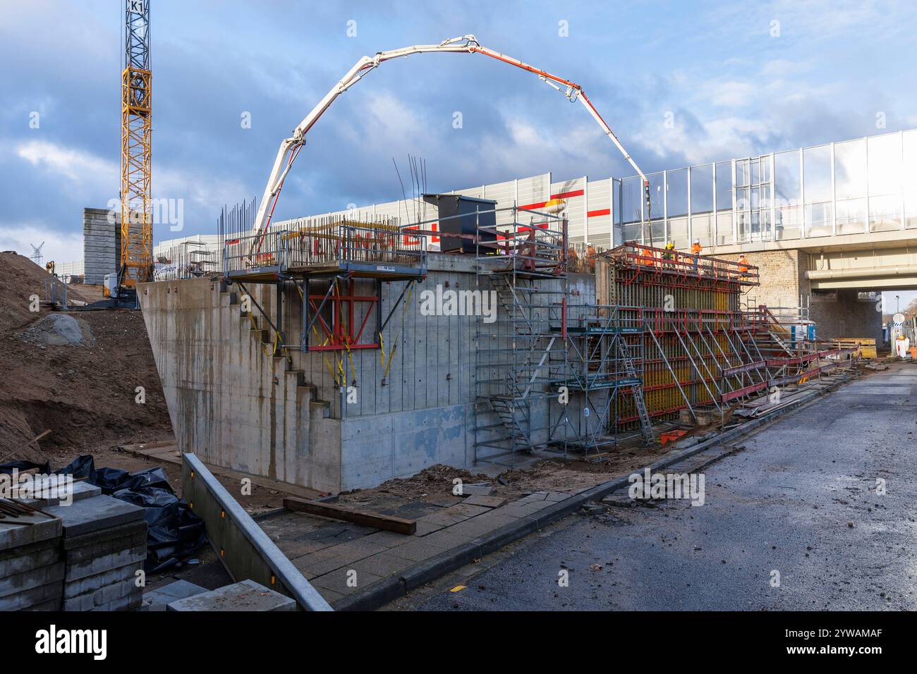 construction site of the new river Rhine bridge of the Autobahn A1 between Cologne and Leverkusen, foundations piers for the second part of the bridge Stock Photo