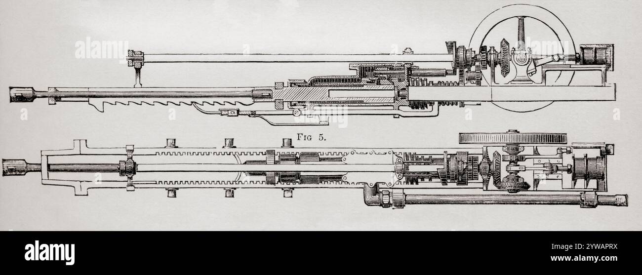 Sommeiller & Co's Tunnel Boring machine, lateral elevation and plan.  From The National Encyclopaedia: A Dictionary of Universal Knowledge, published c.1890 Stock Photo