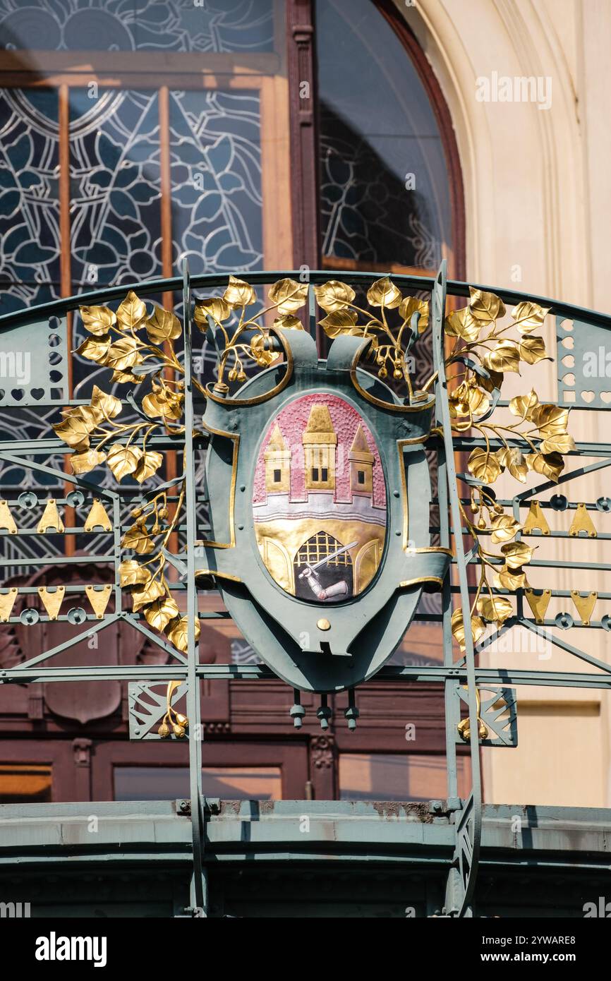 Municipal House, Prague's Finest Example of Art Nouveau Architecture. Medallion showing a three-tower castle, the symbol of Prague. Prague, Czechia. Stock Photo