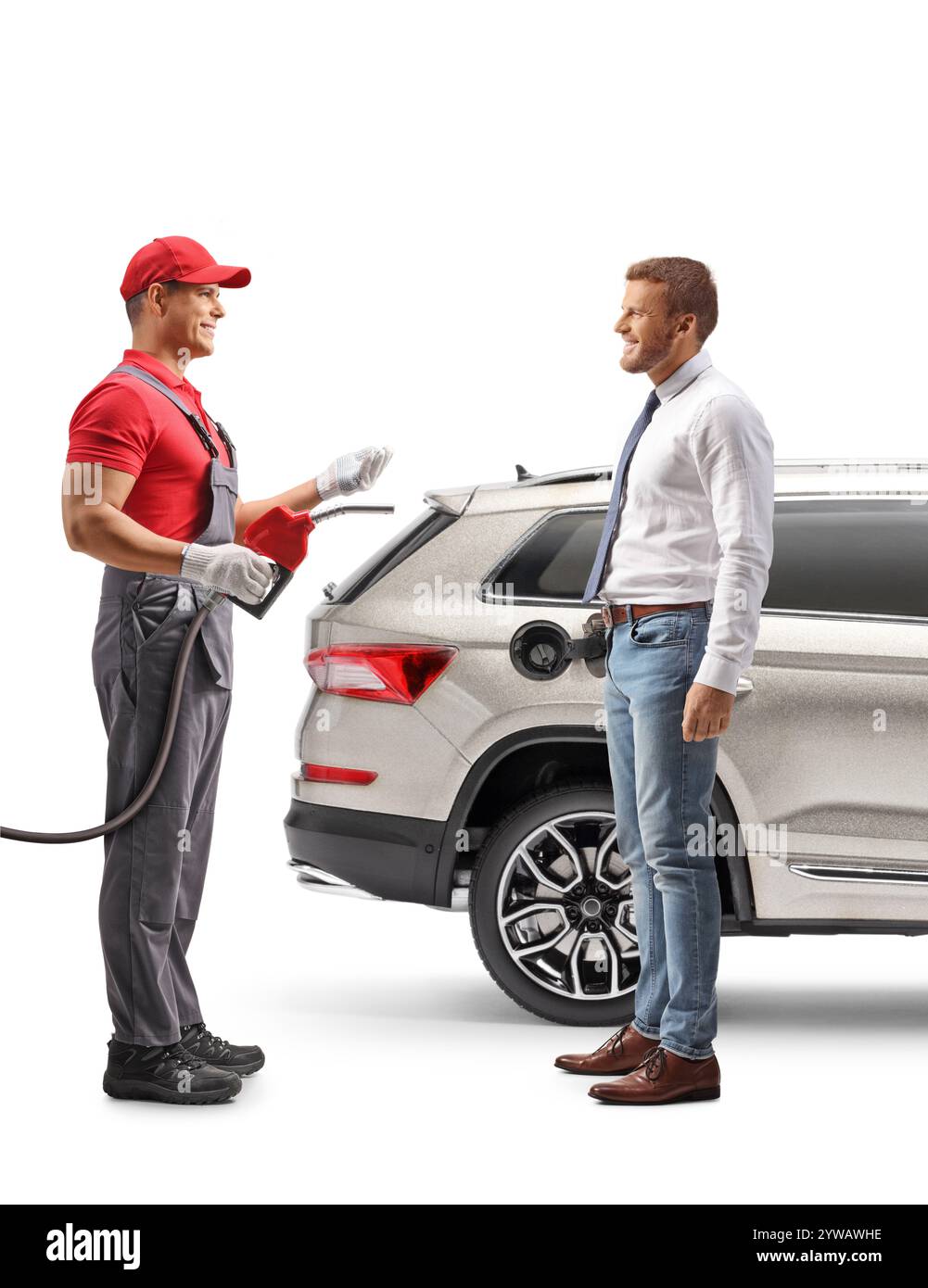 Driver with a suv and a petrol station worker having a conversation ...