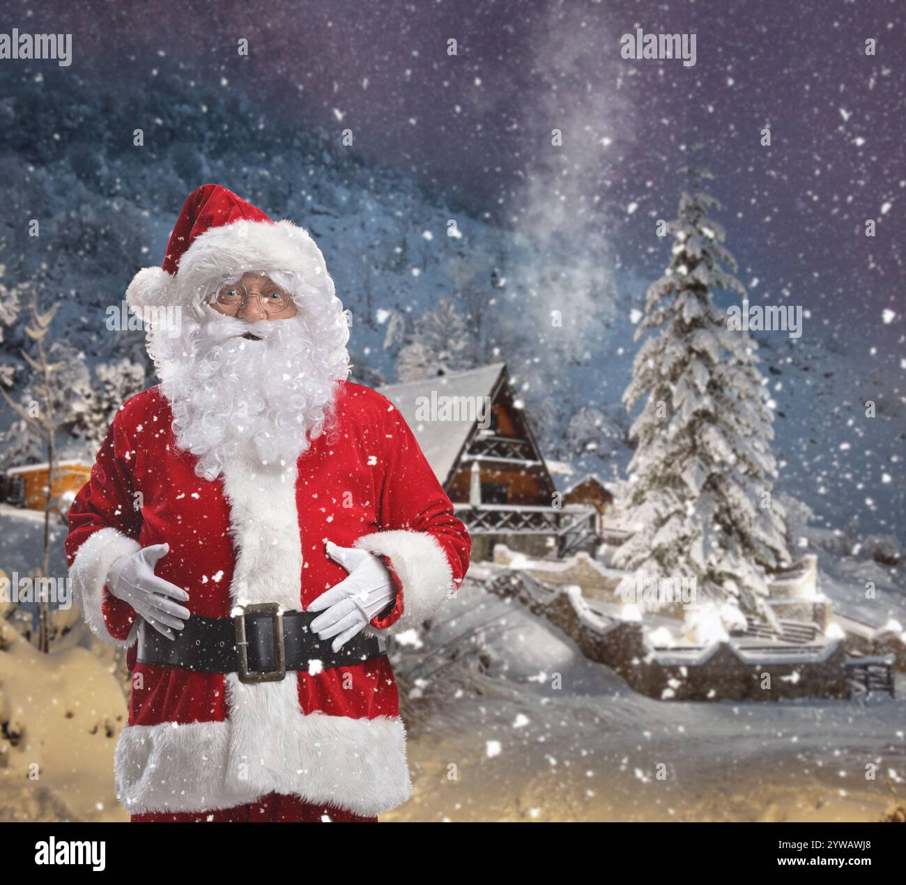 Santa claus standing in front of a mountain house on a snowy night ...