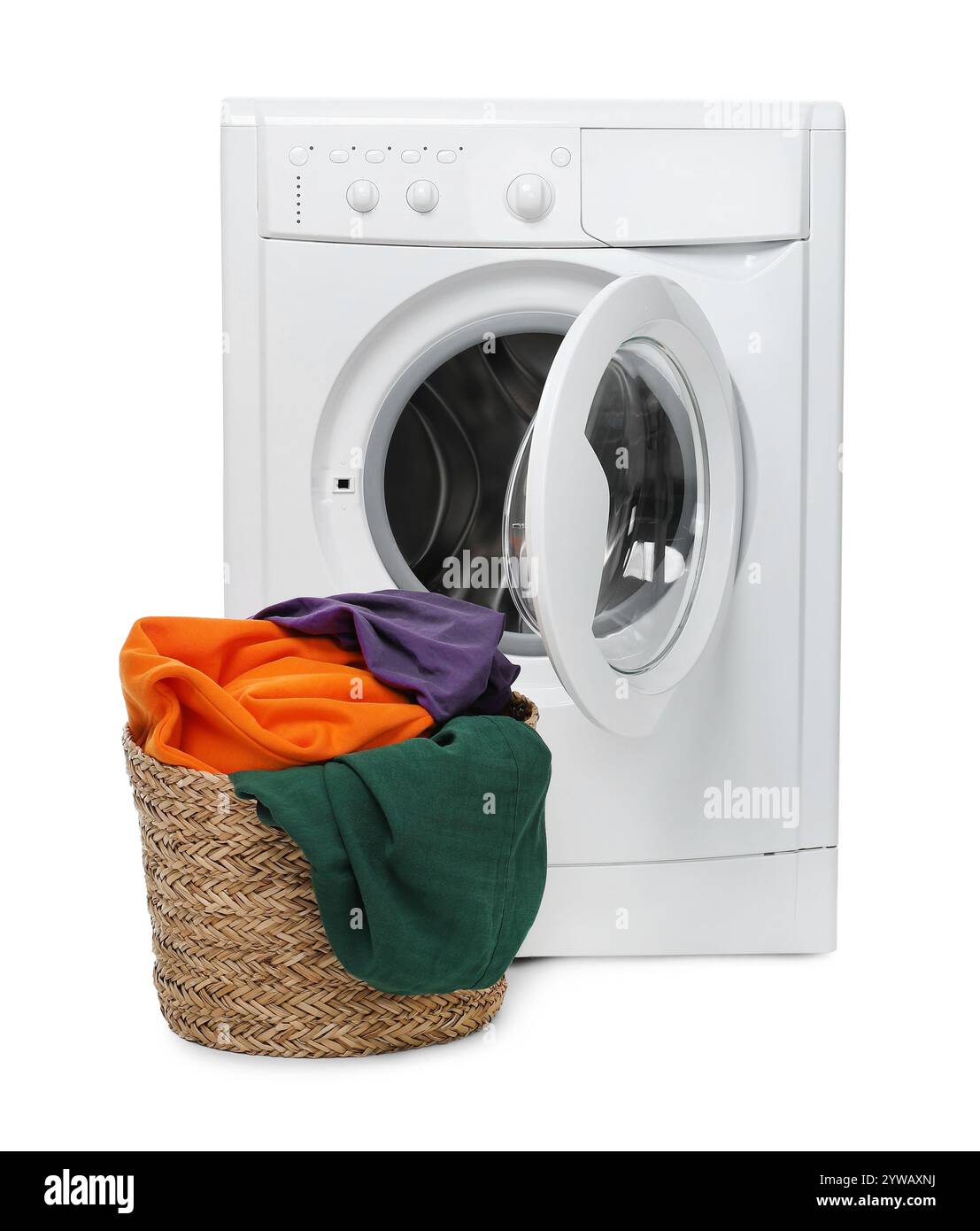 Modern washing machine and laundry basket isolated on white Stock Photo ...