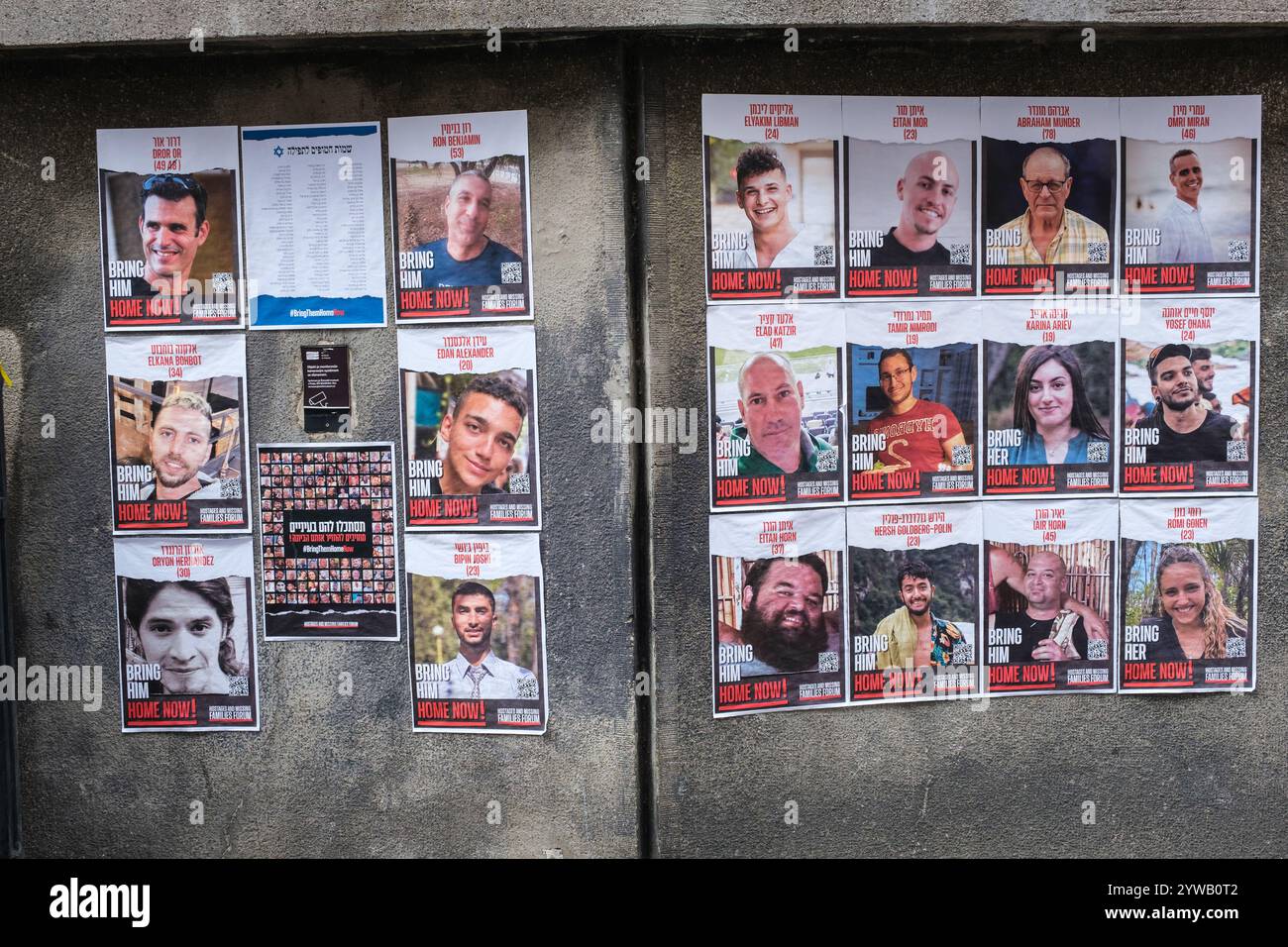 Photos of Israeli Hostages being Held in Gaza, posted outside of Pinkas Synagogue. Prague, Czechia, Czech Republic, Stock Photo