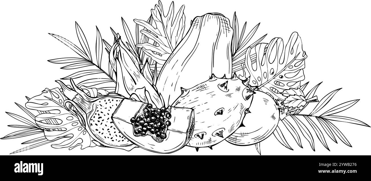 Monochrome papaya, kiwano, Pitahaya, maracuja among tropical leaves hand drawn composition painted by black inks. Sweet whole and sliced fruits Stock Vector