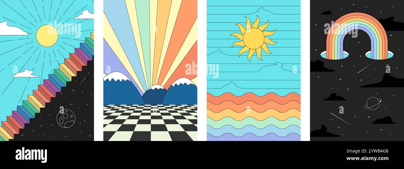 Groovy retro abstract poster collection with boho hippie art. Psychedelic designs featuring sun, starry sky, and landscapes. Vintage inspired prints with trendy Y2K aesthetic and bold graphic elements Stock Vector