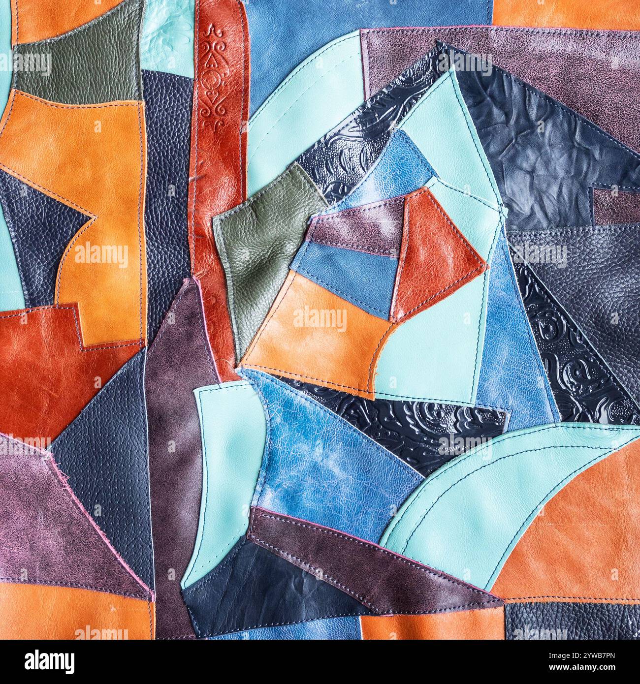 background from multi-colored leather patchwork close up Stock Photo