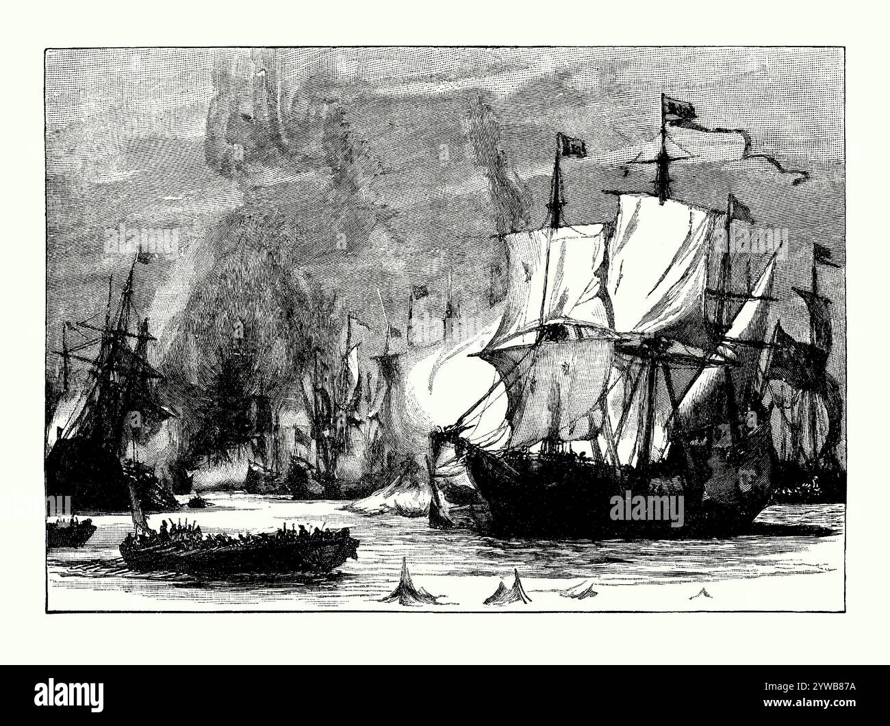 An old engraving of the Battle of Cape Passaro, off Cape Passaro, southern Sicily in 1718. It is from a Victorian history book of c.1900. The battle, also known as Battle of Avola or Battle of Syracuse, was fought on 11 August 1718 between a fleet of the British Royal Navy under Admiral Sir George Byng and a fleet of the Spanish Navy. The battle was fought without a formal declaration of war but once the Spanish fired on the nearest British ships, this gave Byng his excuse to attack. The British were superior in numbers. The battle was a decisive victory for the British fleet. Stock Photo
