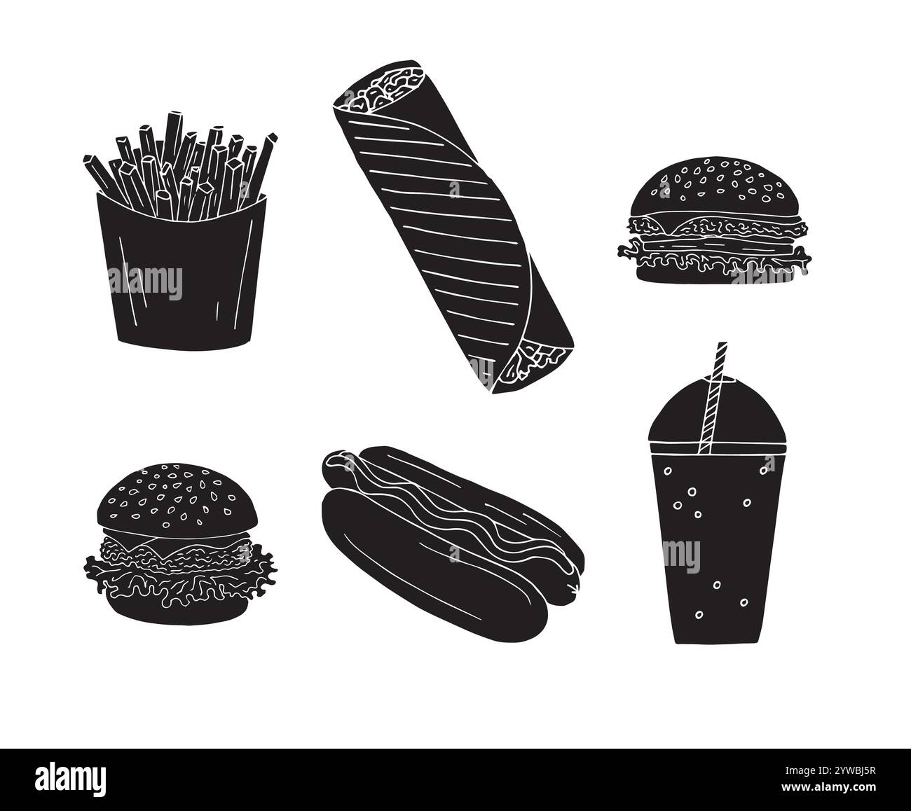Vector set bundle of black hand drawn doodle sketch fast food isolated ...