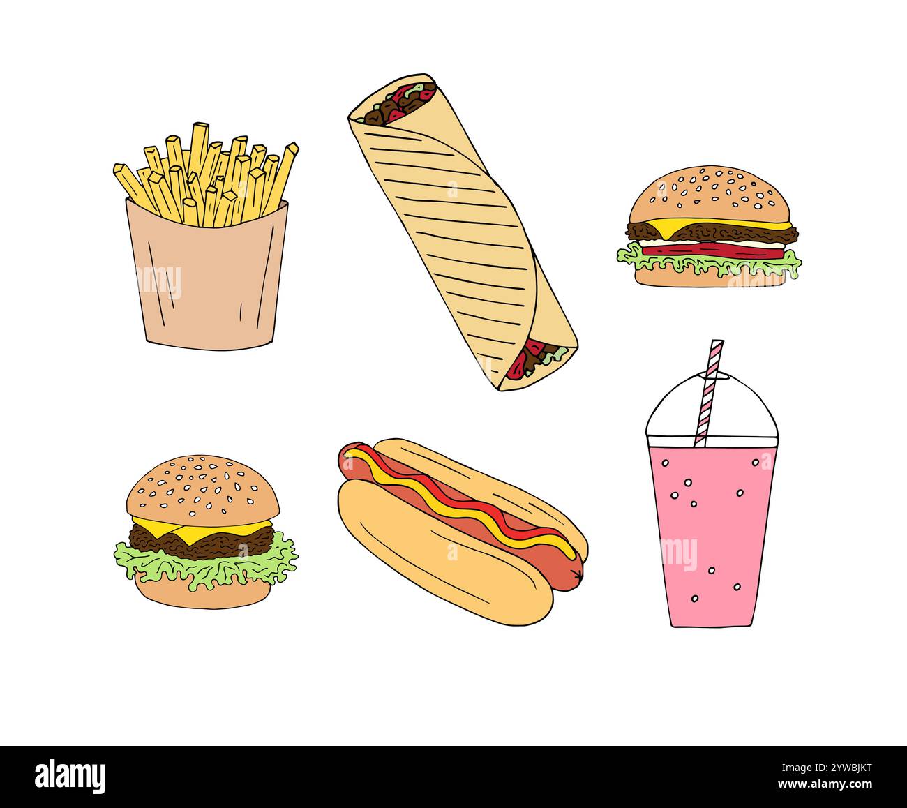 Vector set bundle of colored hand drawn doodle sketch fast food ...