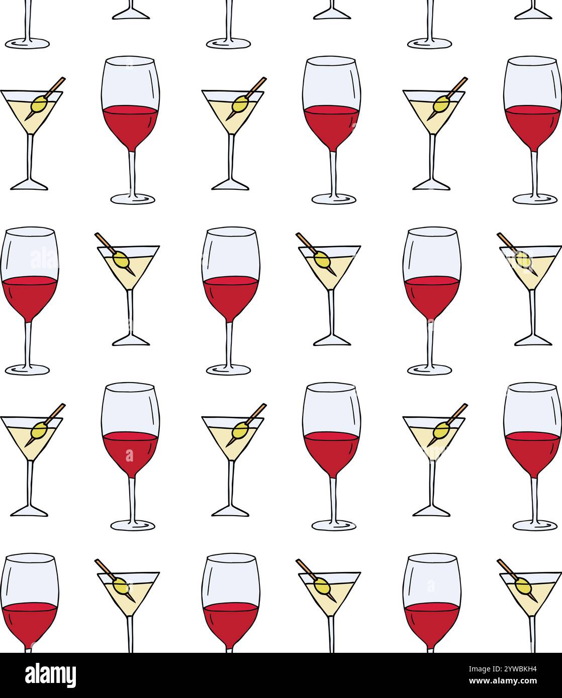 Vector seamless pattern of colored hand drawn doodle sketch martini and wine glass isolated on white background Stock Vector