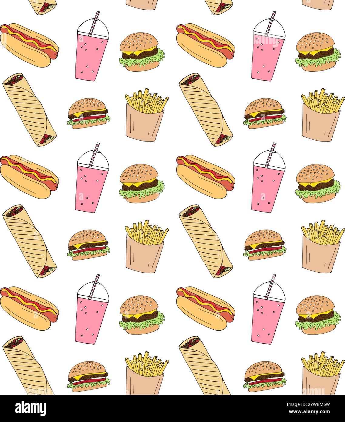 Vector seamless pattern of different hand drawn doodle sketch fast food ...
