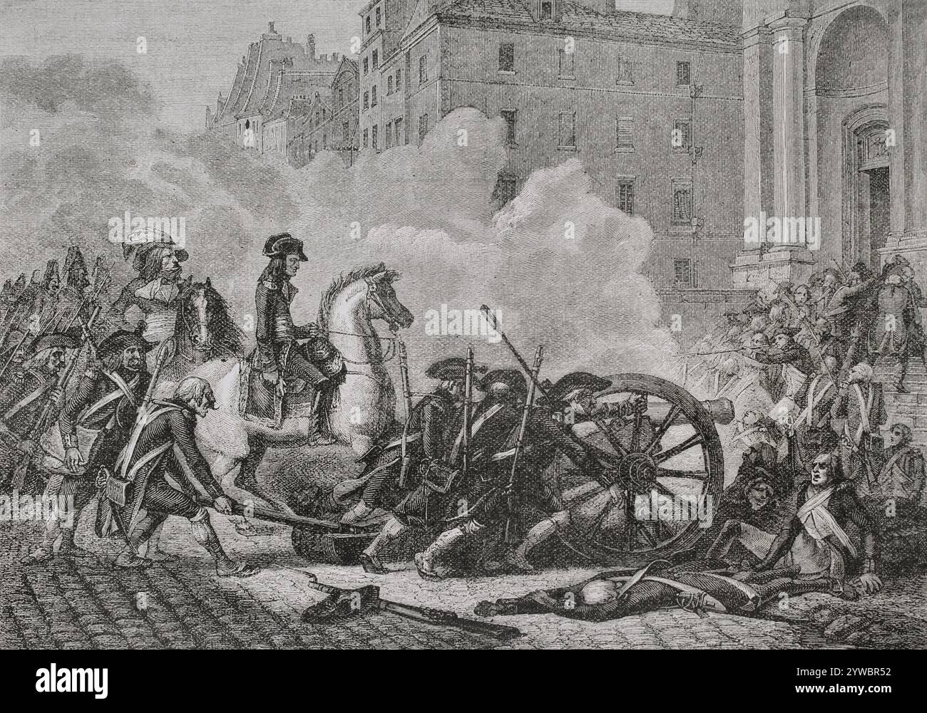 French Revolution. 13 Vendémiaire Year IV (5 October 1795). Royalist insurrection in Paris against the anti-monarchist policies of the Thermidorian Reaction. It was suppressed and quelled by French Republican troops commanded by General Napoleon Bonaparte (1769-1821). Napoleon crushing the royalist rebellion in front of the Church of Saint-Roch in Paris. Drawing by Renaud. Engraving by Jonnard. 'History of the French Revolution'. Volume I, part 2, 1879. Stock Photo
