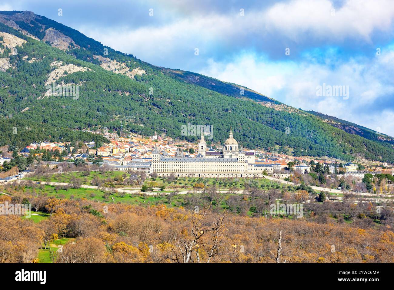 Monastery of El Escorial from Las Machotas mountain. San Lorenzo de El Escorial, Madrid, Spain. Stock Photo