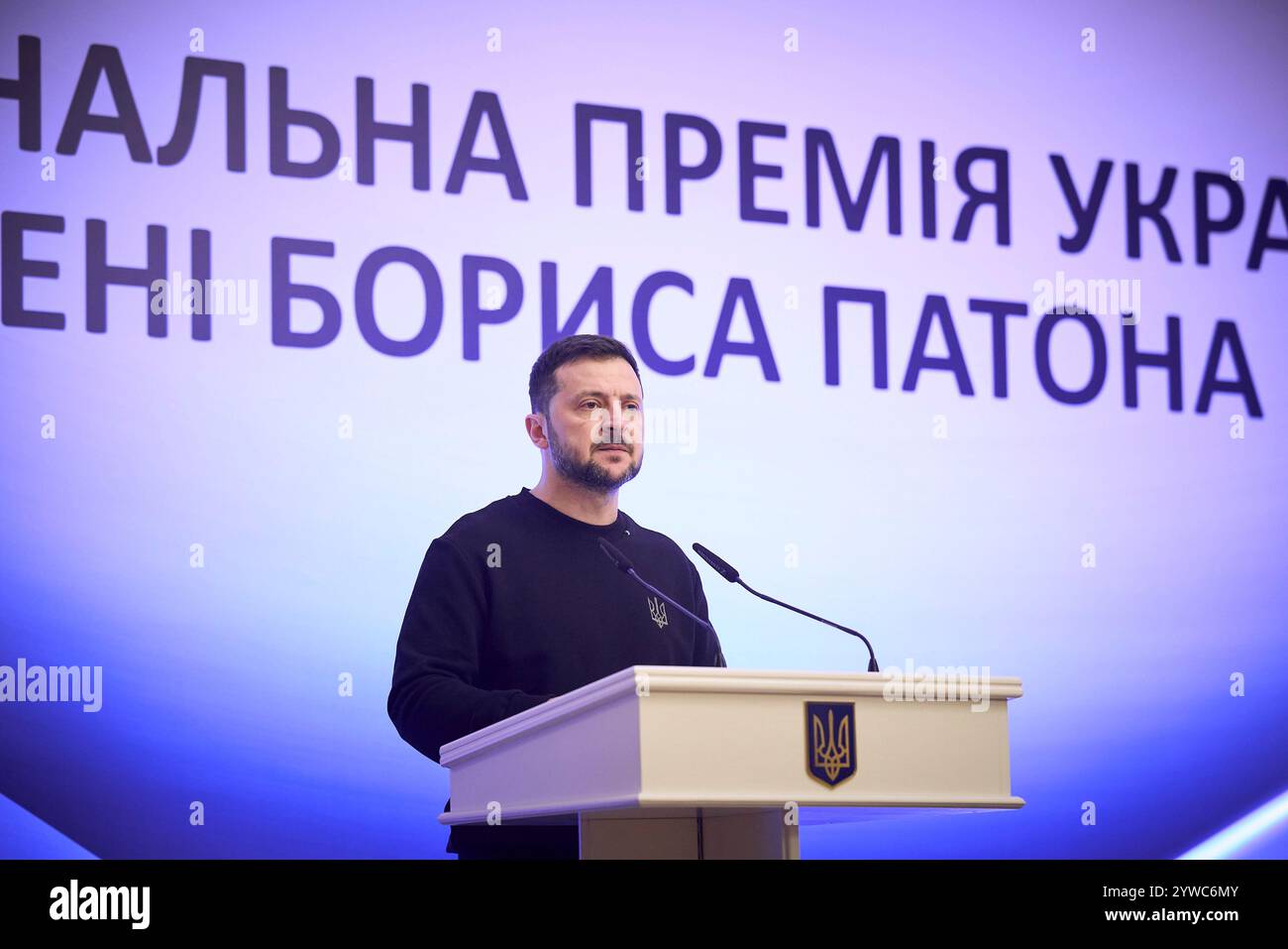 Kiev, Ukraine. 10th Dec, 2024. Ukrainian President Volodymyr Zelenskyy, delivers remarks during the ceremony for the Borys Paton National Prize of Ukraine, December 10, 2024 in Kyiv, Ukraine. Zelenskyy awarded 91 scientists for outstanding scientific research that strengthens Ukraine's defense and resilience. Credit: Ukraine Presidency/Ukrainian Presidential Press Office/Alamy Live News Stock Photo