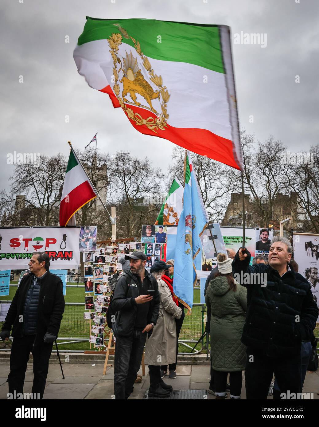 London, UK. 10th Dec, 2024. Activists from several groups, as well as Anglo Iranian protesters have assembled opposite the Houses of Parliament to rally against the detention and in some cases execution of political prisoners by the IRCG (Islamic Revolutionary Guard Corps), a branch of the Iranian military forces. Iran's IRCG has been labelled a terrorist organisation by several countries, including the US, and there have been calls for some time for the branch to be proscribed by the UK government, too. Credit: Imageplotter/Alamy Live News Stock Photo