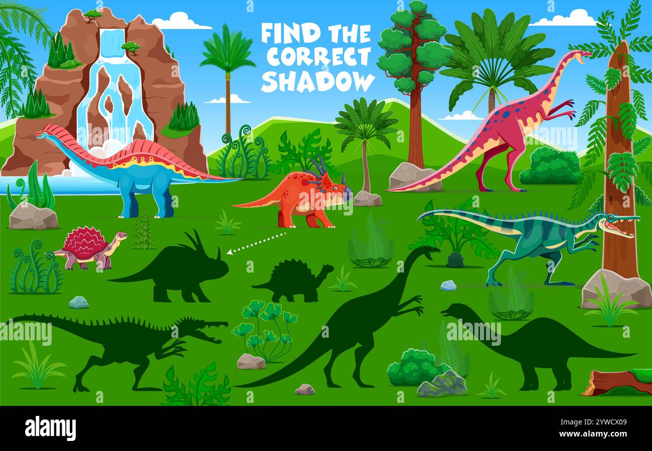 Kids game worksheet, find the correct shadow of prehistoric dinosaurs ...