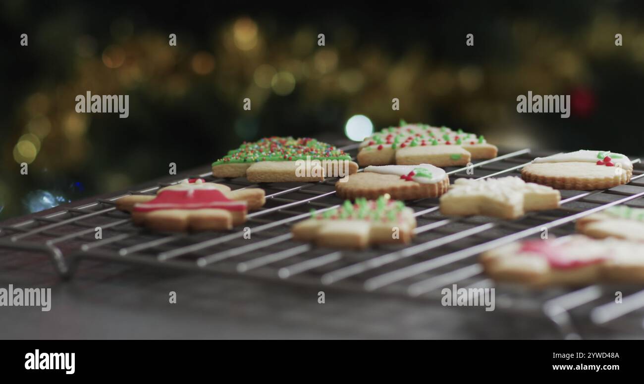 Freshly baked Christmas cookies cool on a wire rack, with copy space Stock Photo