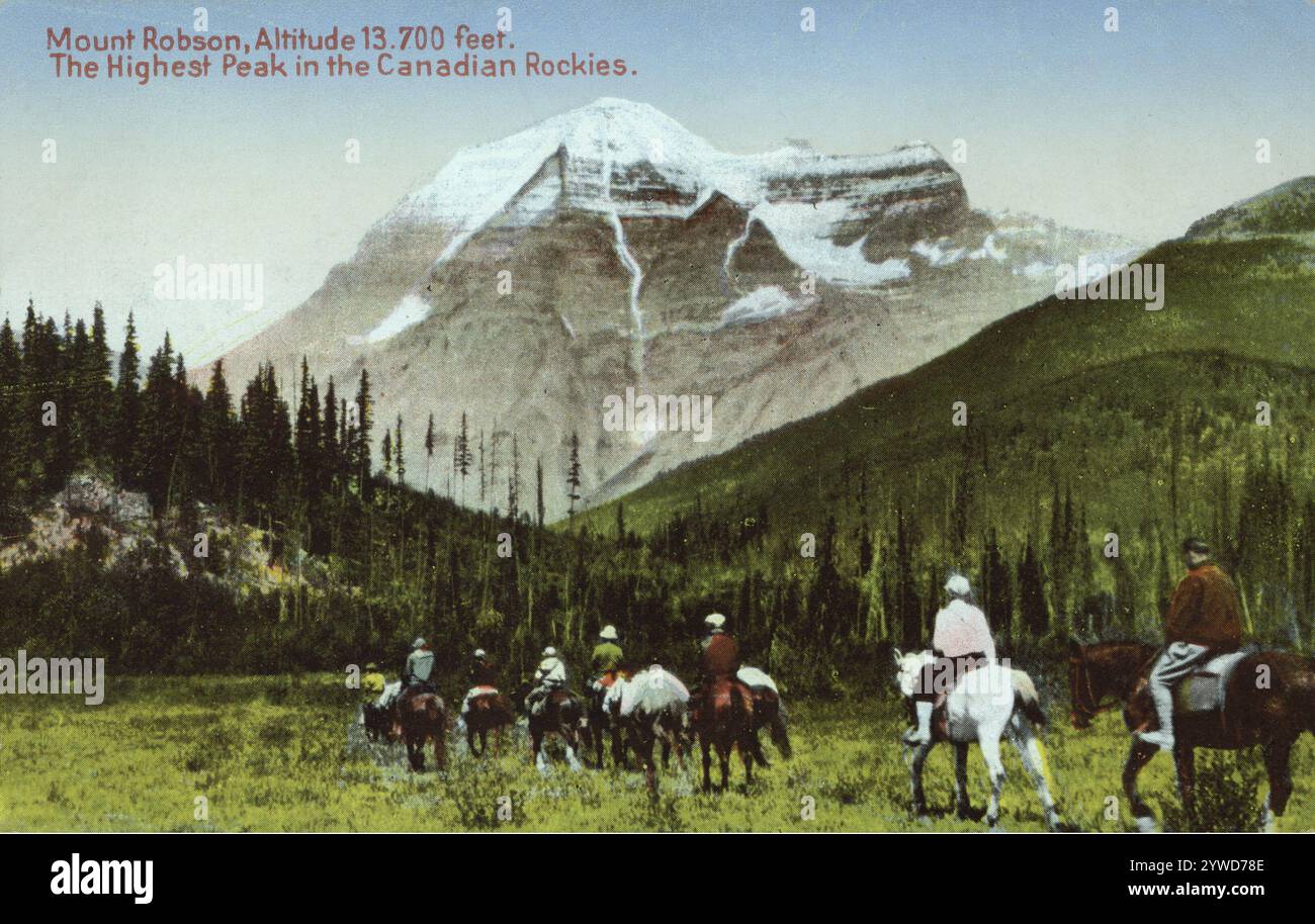 Vinatge color postcard showing people riding horses with Mt. Robson in the background, Mount Robson National Park, British Columbia, Canada Stock Photo