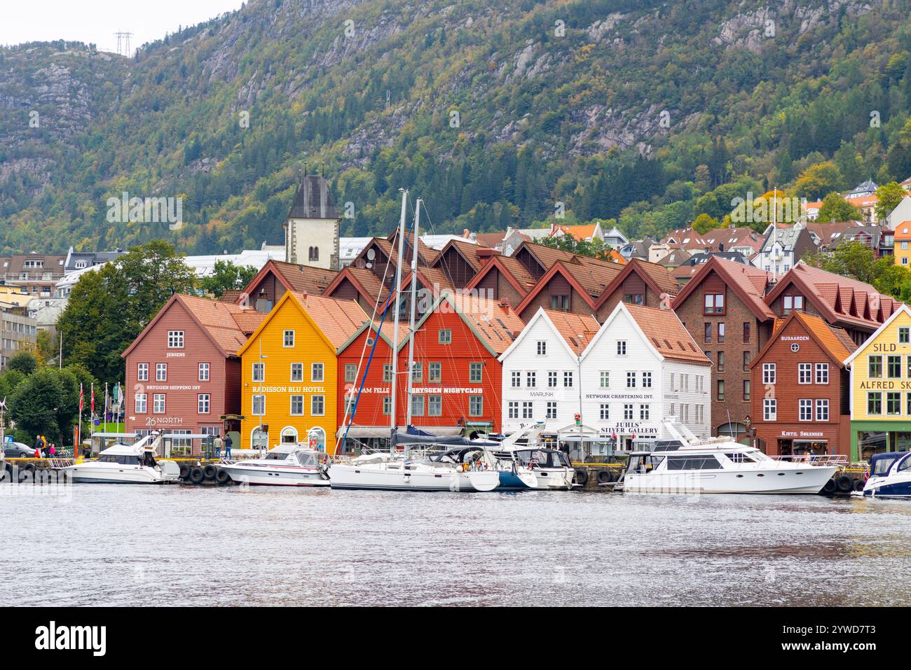 Historic Bryggen district of Bergen, a popular tourist attraction and UNESCO world heritage site on the waterfront,Bergen city centre,Norway,Europe Stock Photo