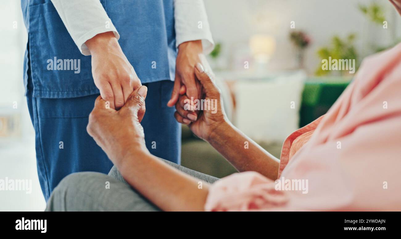 Empathy, senior woman and holding hands with nurse for compassion and ...