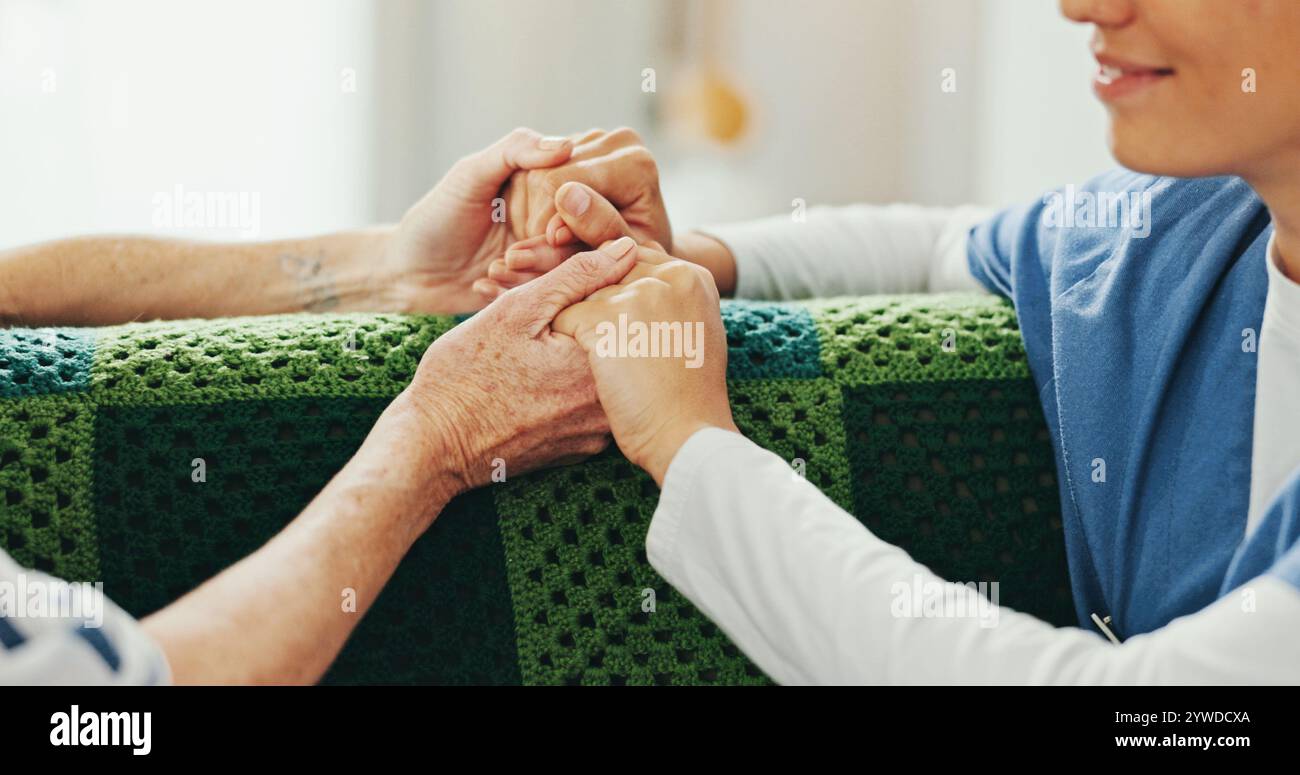 Support, senior woman and holding hands with nurse for empathy ...
