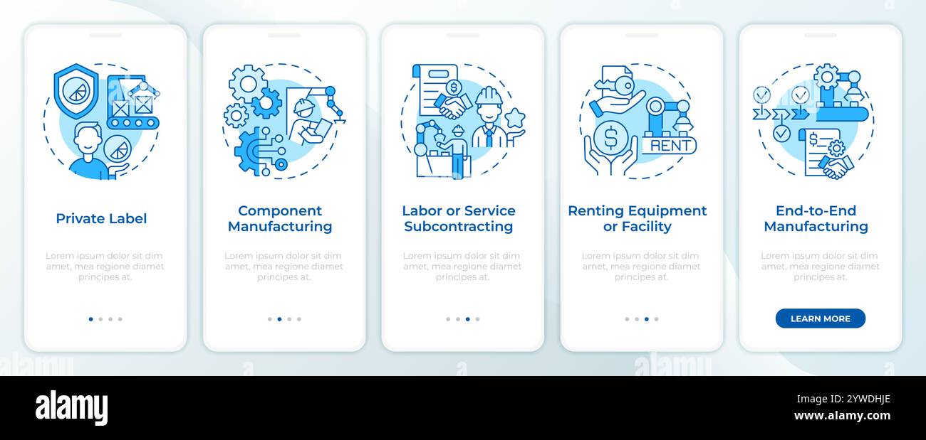 Manufacturing agreements blue onboarding mobile app screen Stock Vector