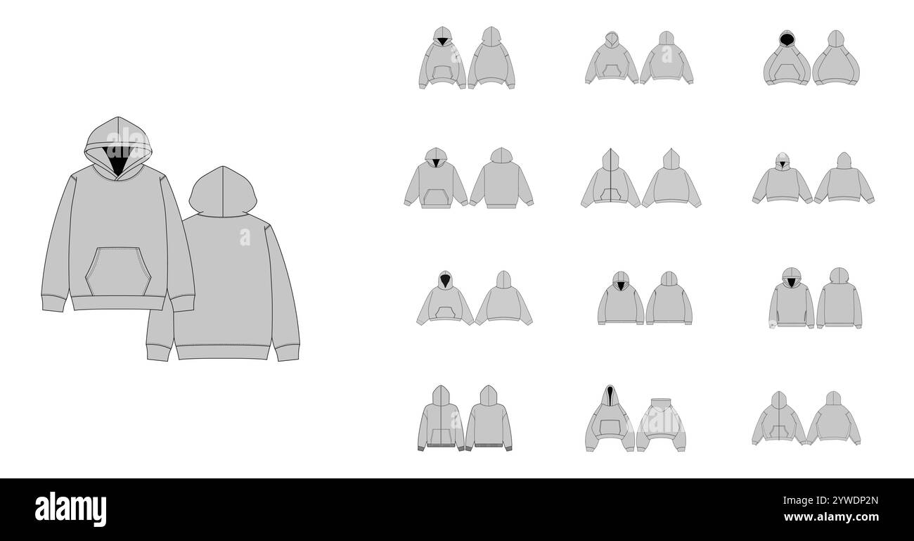 Technical Drawing Set of Hoodies with Front and Back Views - Men, Woman, Unisex CAD Mockups, Streetwear Hoodie Collections Technical Fashion Illustration Stock Vector