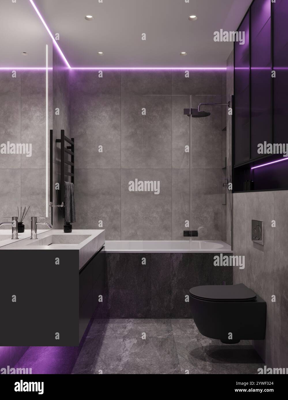 3D Visualization of a Minimalist Modern Gray Bathroom with Purple LED