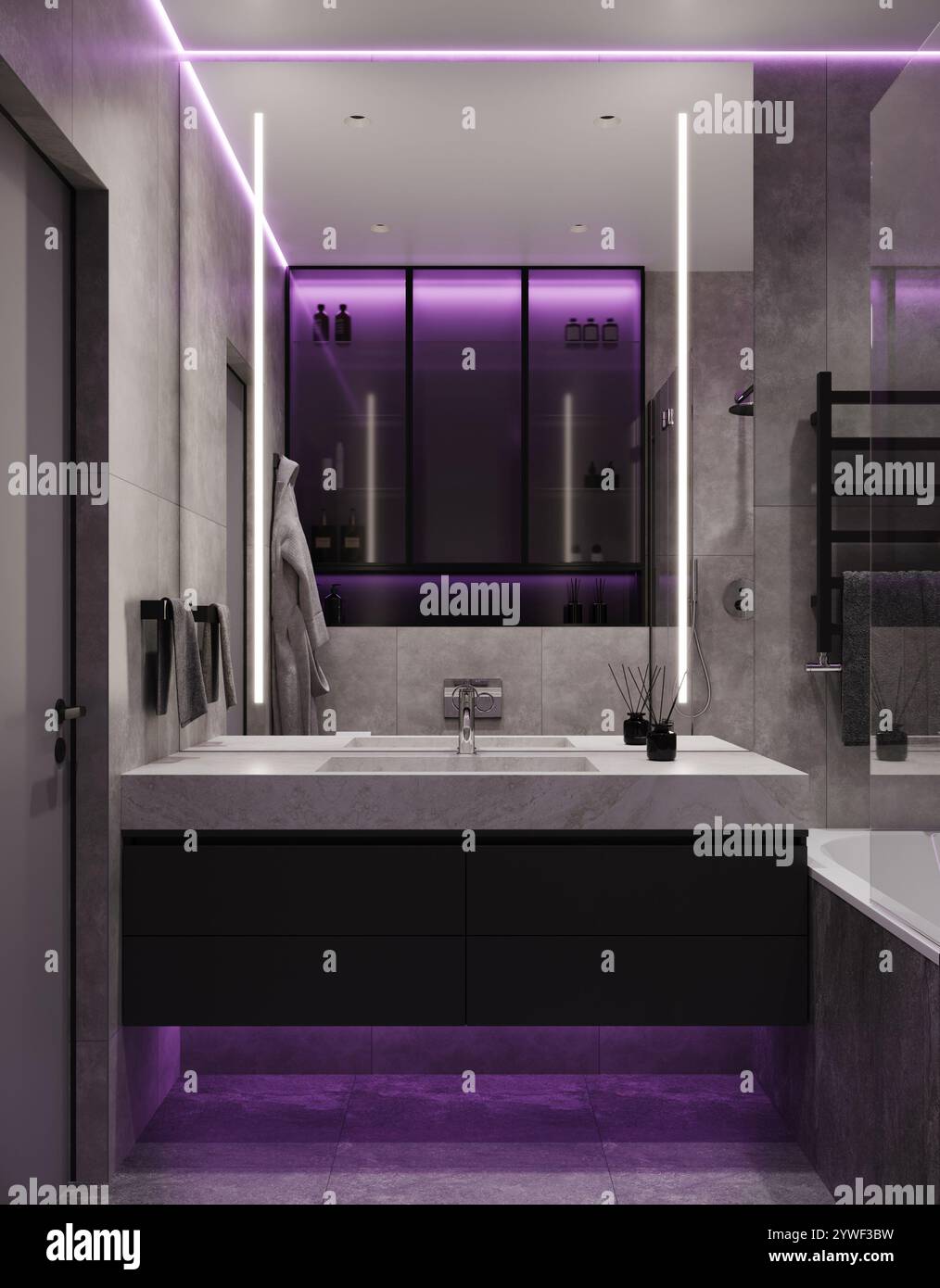 3D Visualization of a Minimalist Modern Gray Bathroom with Purple LED ...