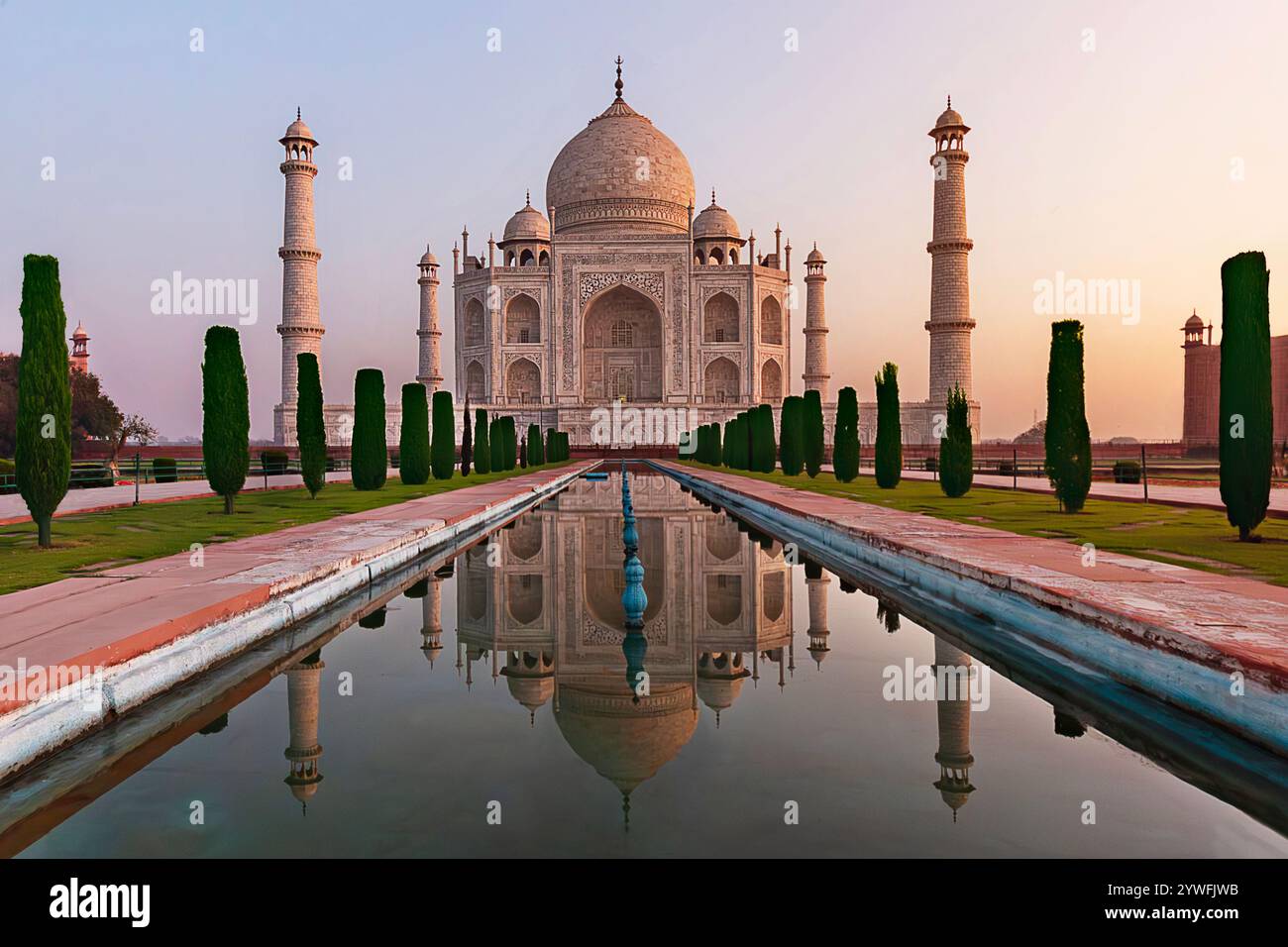 View over the Taj Mahal with its reflection in the water in Agra, India Stock Photo