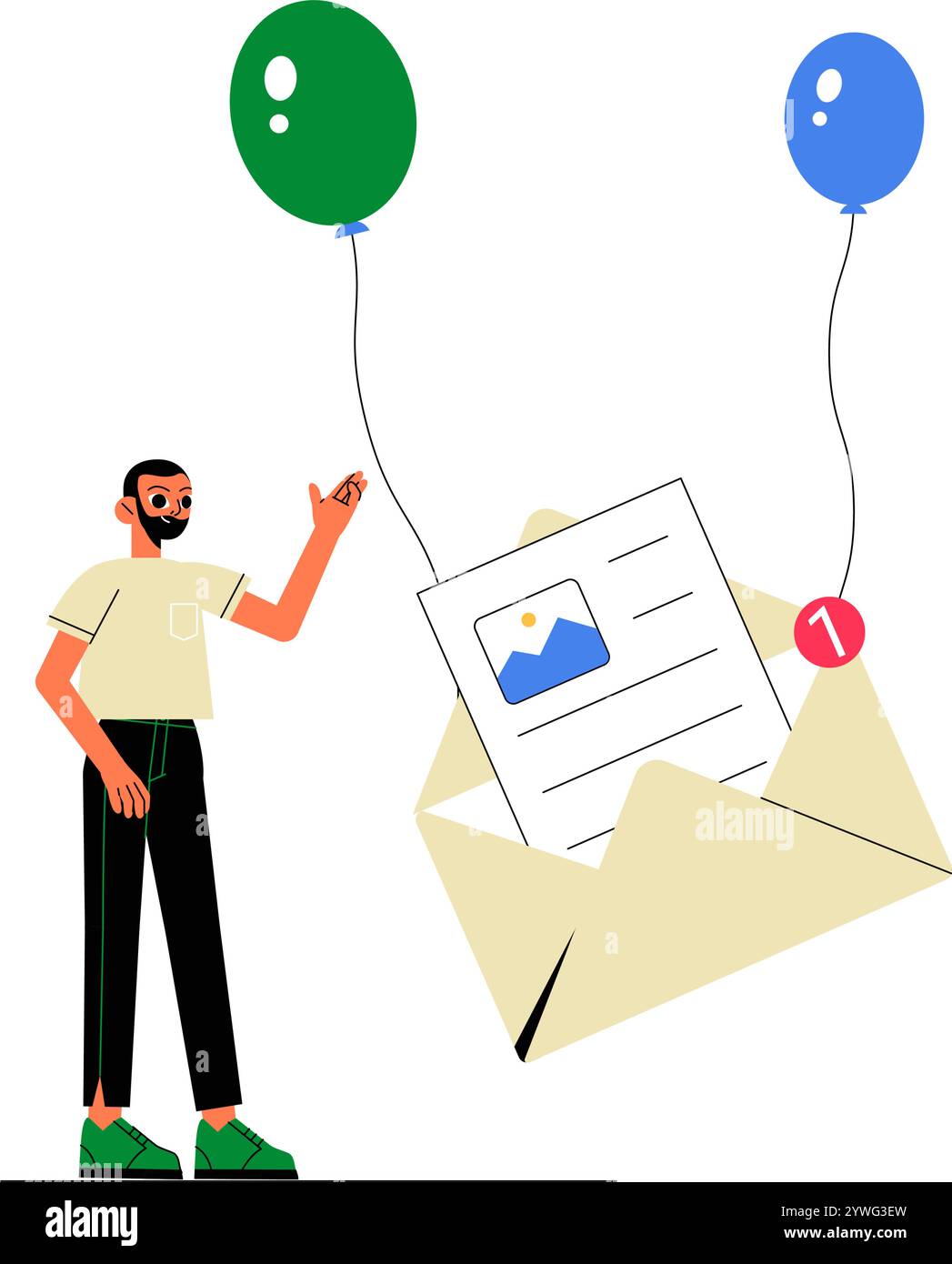 Man Holding Balloons And Email With Notification Symbol In Flat Vector ...