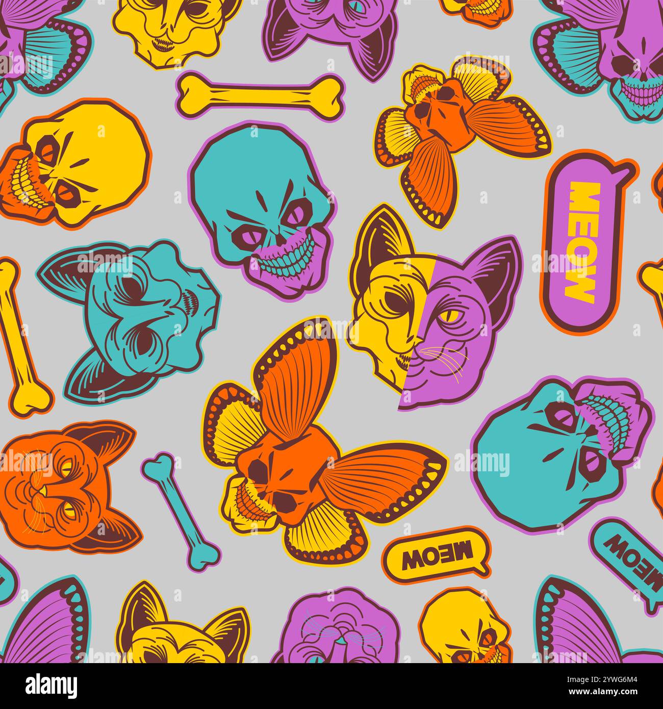 Cat and Skull pattern seamless. Tattoo pet background Stock Vector