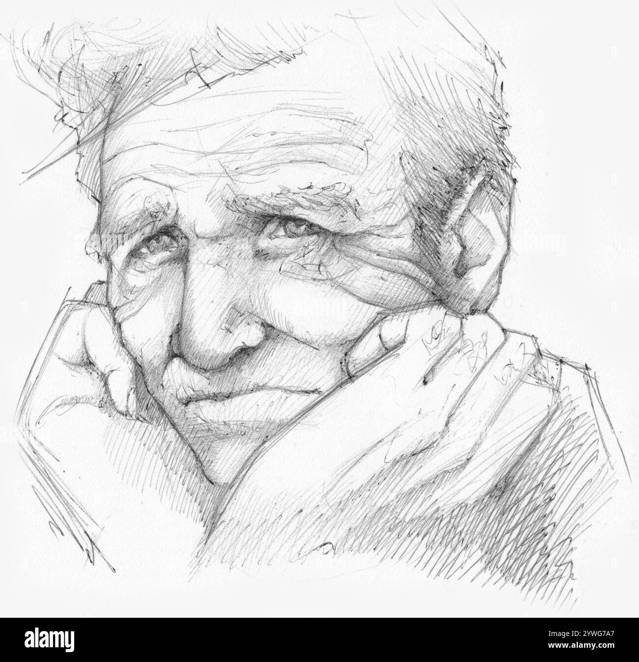 Pen drawing of a sad man Stock Photo