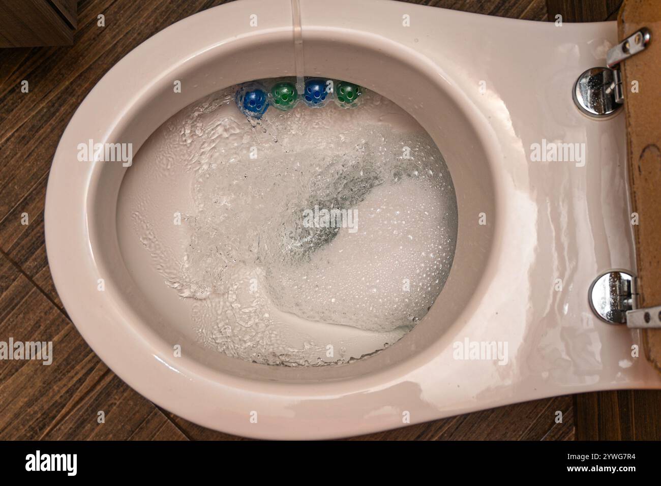 Rim block inside a clean white toilet bowl is providing freshness and hygiene. Stock Photo