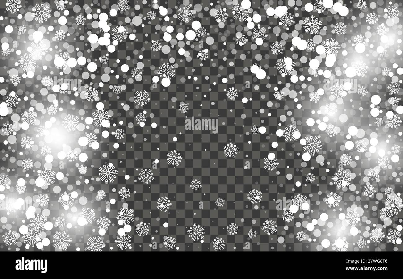 Snowfall and falling snowflakes on dark transparent background. White ...