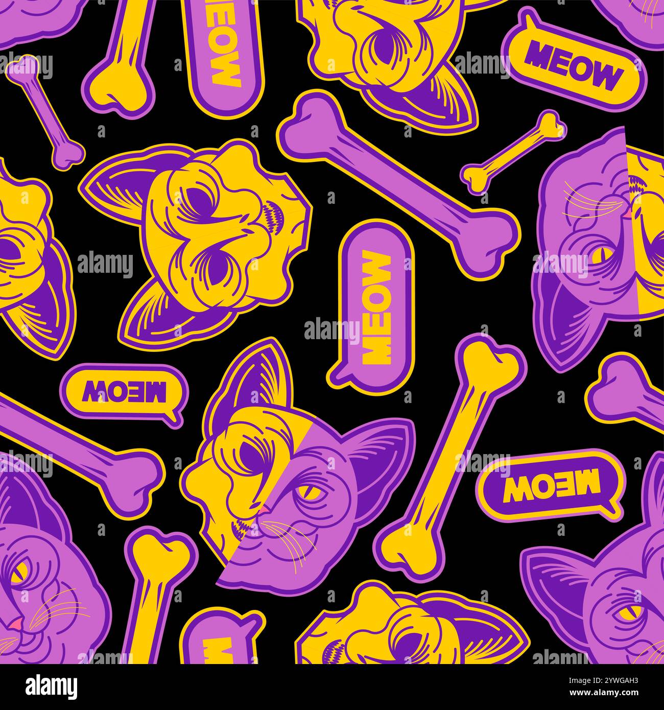 Cat and Skull pattern seamless. Tattoo pet background Stock Vector