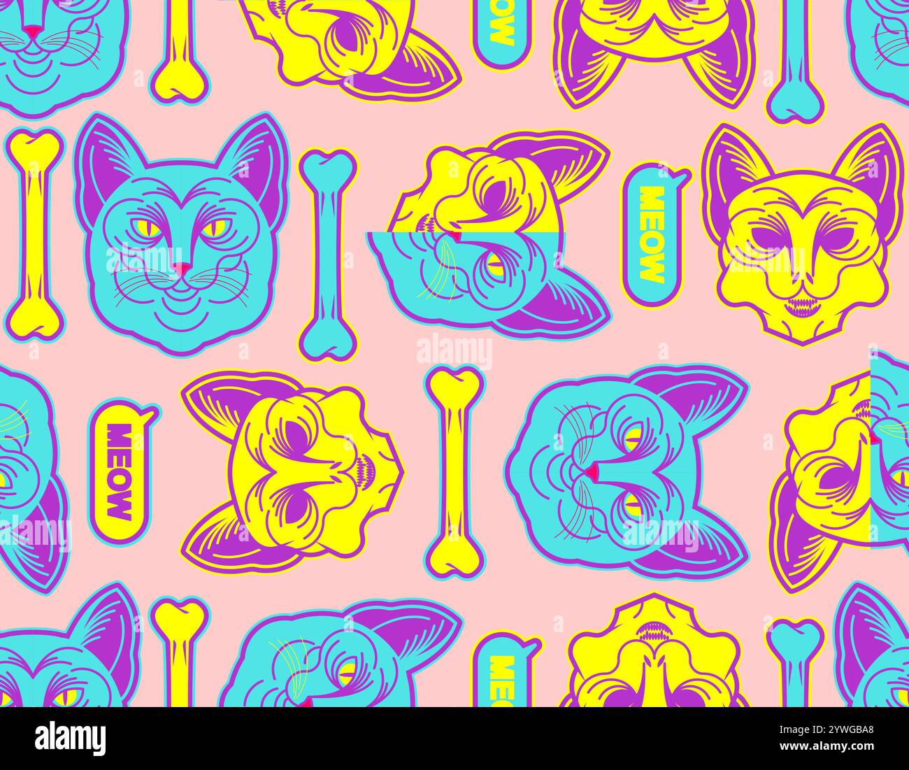 Cat and Skull pattern seamless. Tattoo pet background Stock Vector