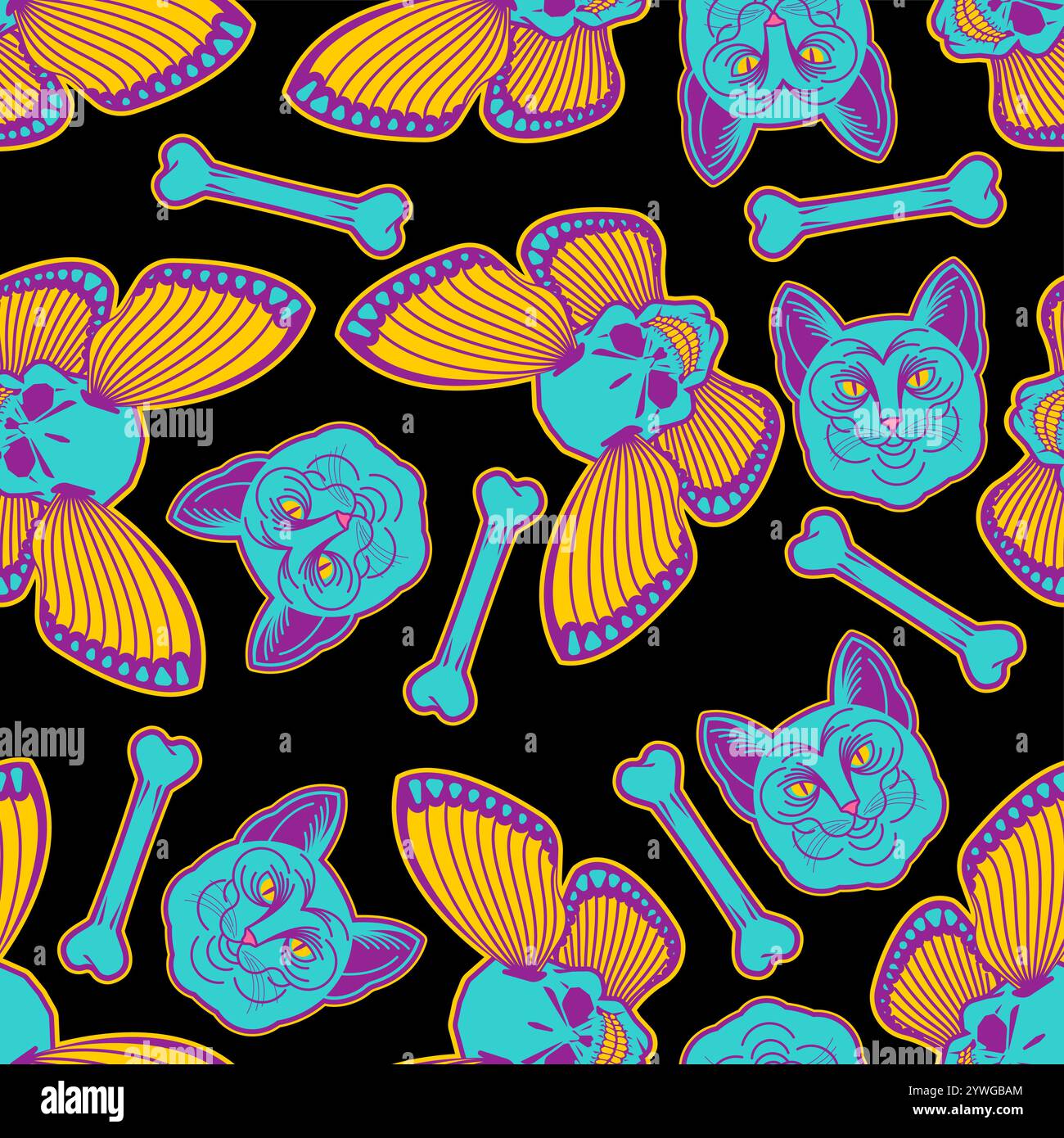 Cat and Skull pattern seamless. Tattoo pet background Stock Vector