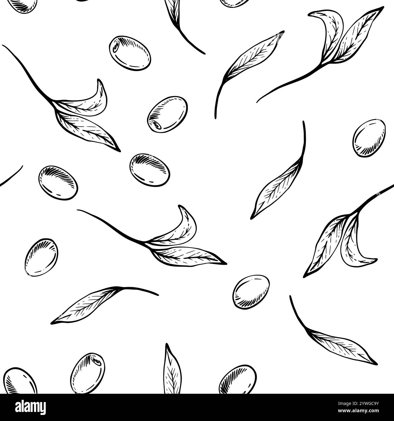 Olive tree branch leaves and berries seamless pattern. Black ink ...