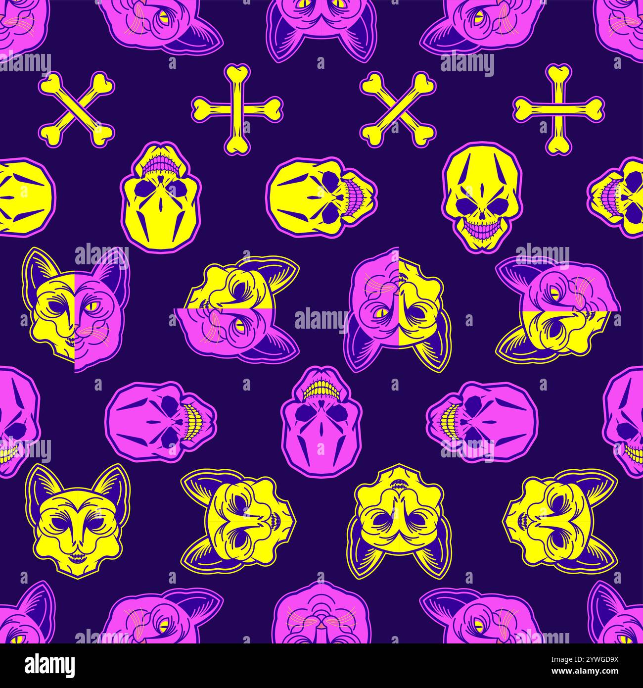 Cat and Skull pattern seamless. Tattoo pet background Stock Vector