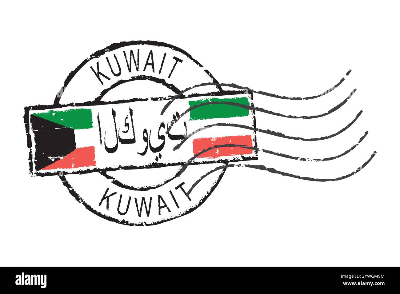 Postal grunge stamp 'Kuwait'. English and arabic inscription. Flag of Kuwait in the middle. Stock Vector