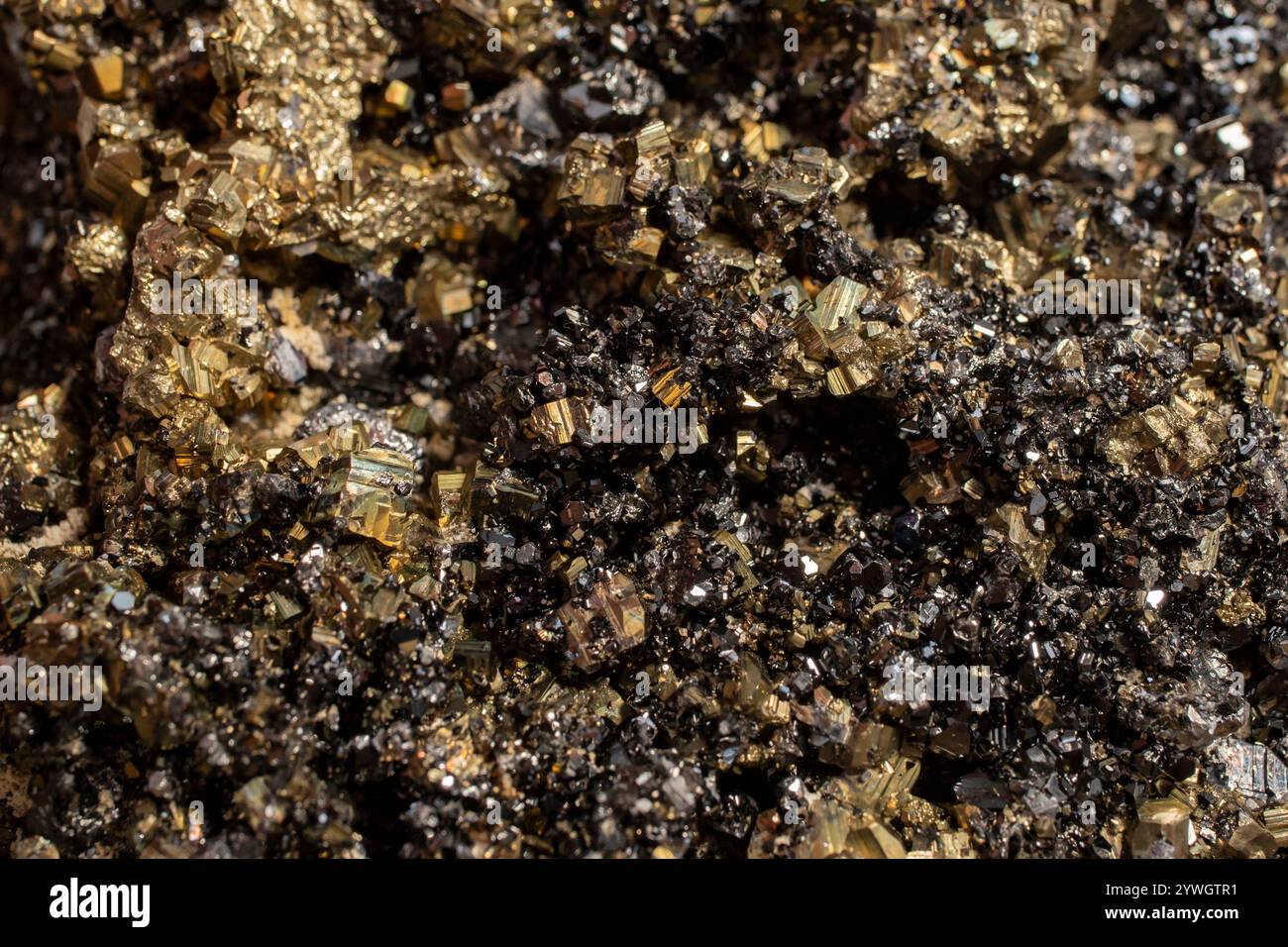 Pyrite mineral flower black and golden color soft focus close up, abstract pattern Stock Photo