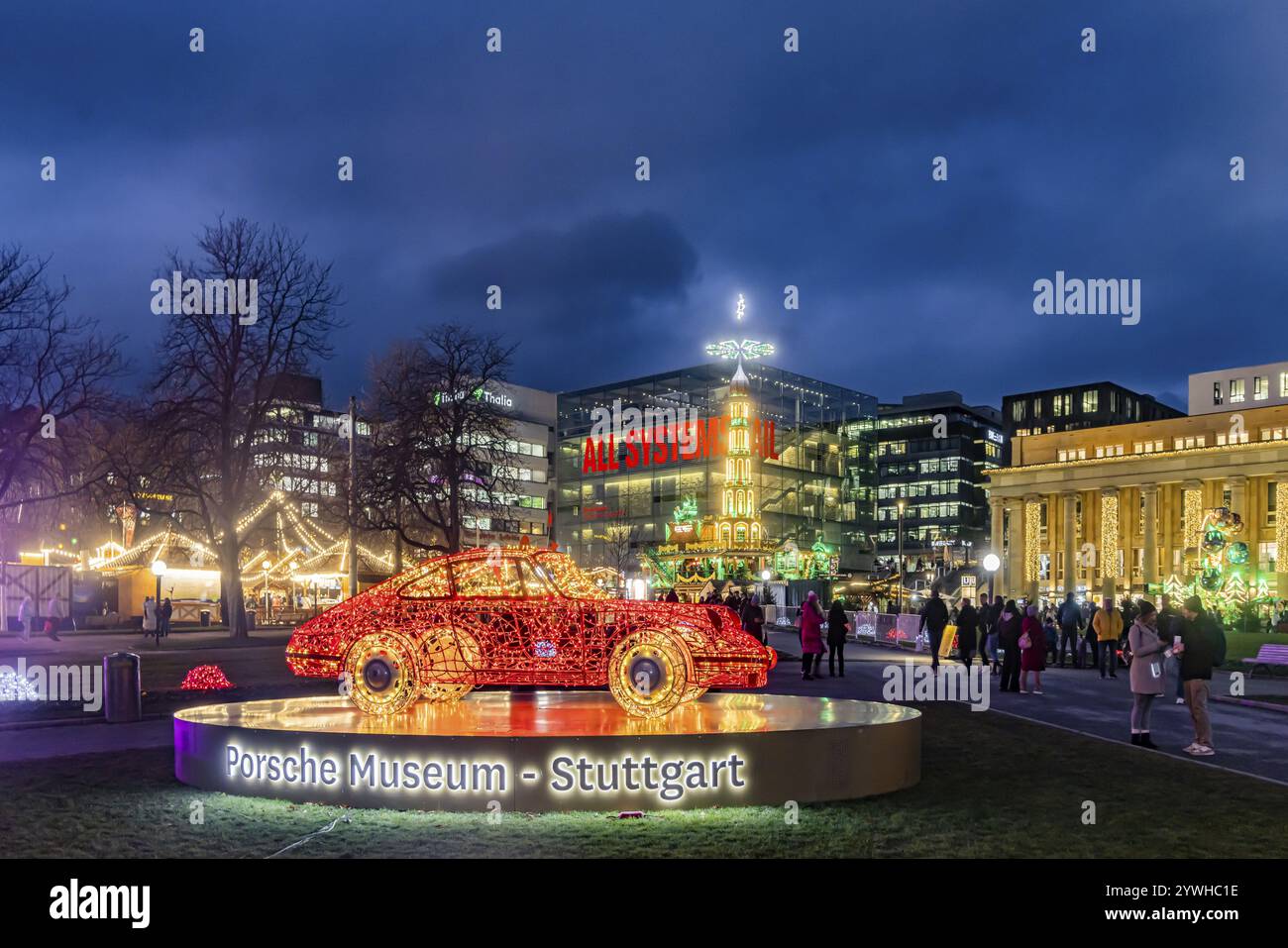 Stuttgart Christmas market in the evening. Traditional event with more than 3.5 million visitors every year. Highlights present the sights of the stat Stock Photo