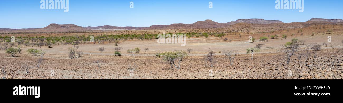 African savannah, dry desert landscape with table mountains, Damaraland, Kunene, Namibia, Africa Stock Photo