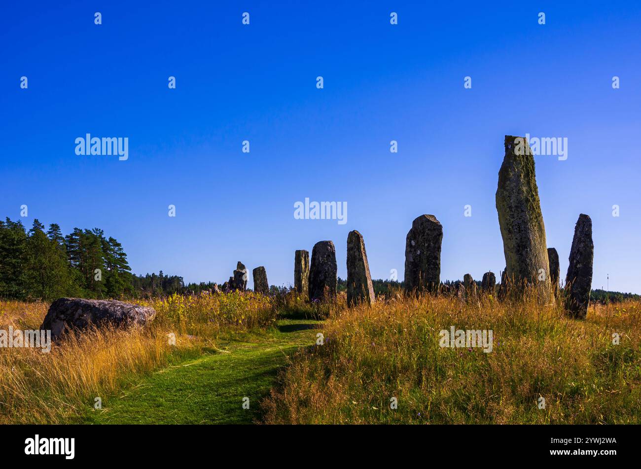 The ship setting at the Blomsholm burial site, an early Iron Age stone monument near Strömstad in Bohuslän, Västra Götalands län, Sweden. Stock Photo