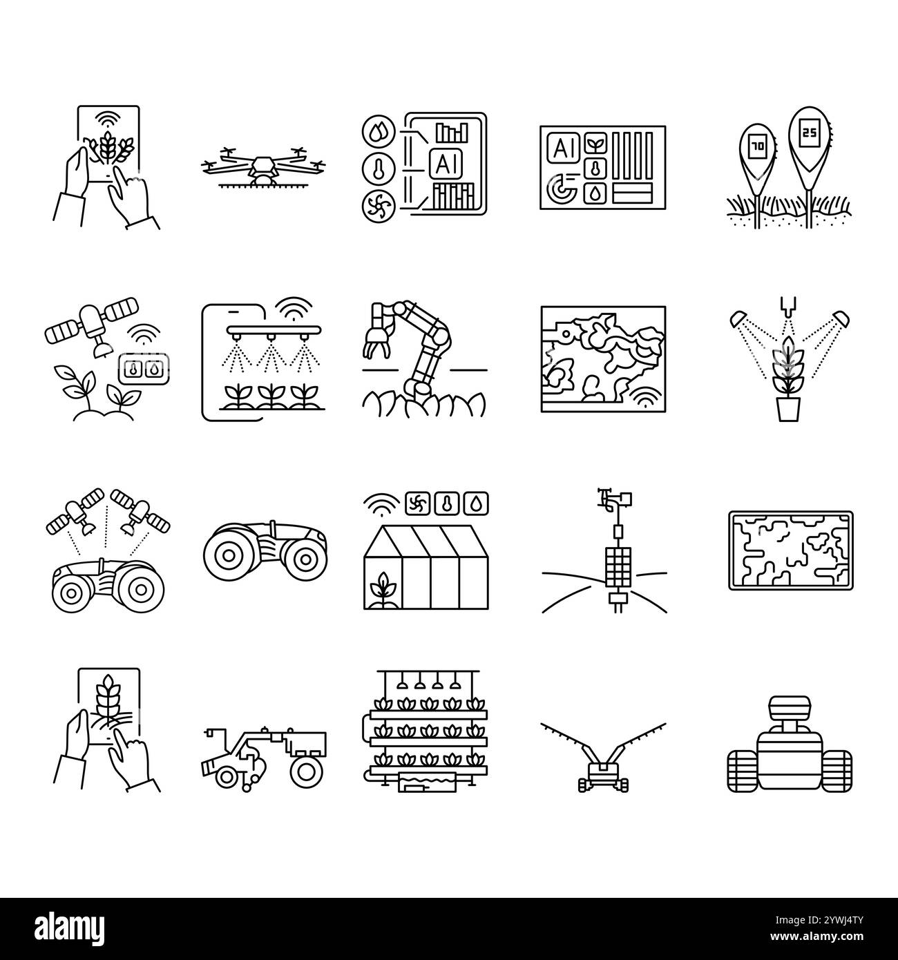 Smart agriculture black line icons set. Vector isolated element. Editable stroke. Stock Vector