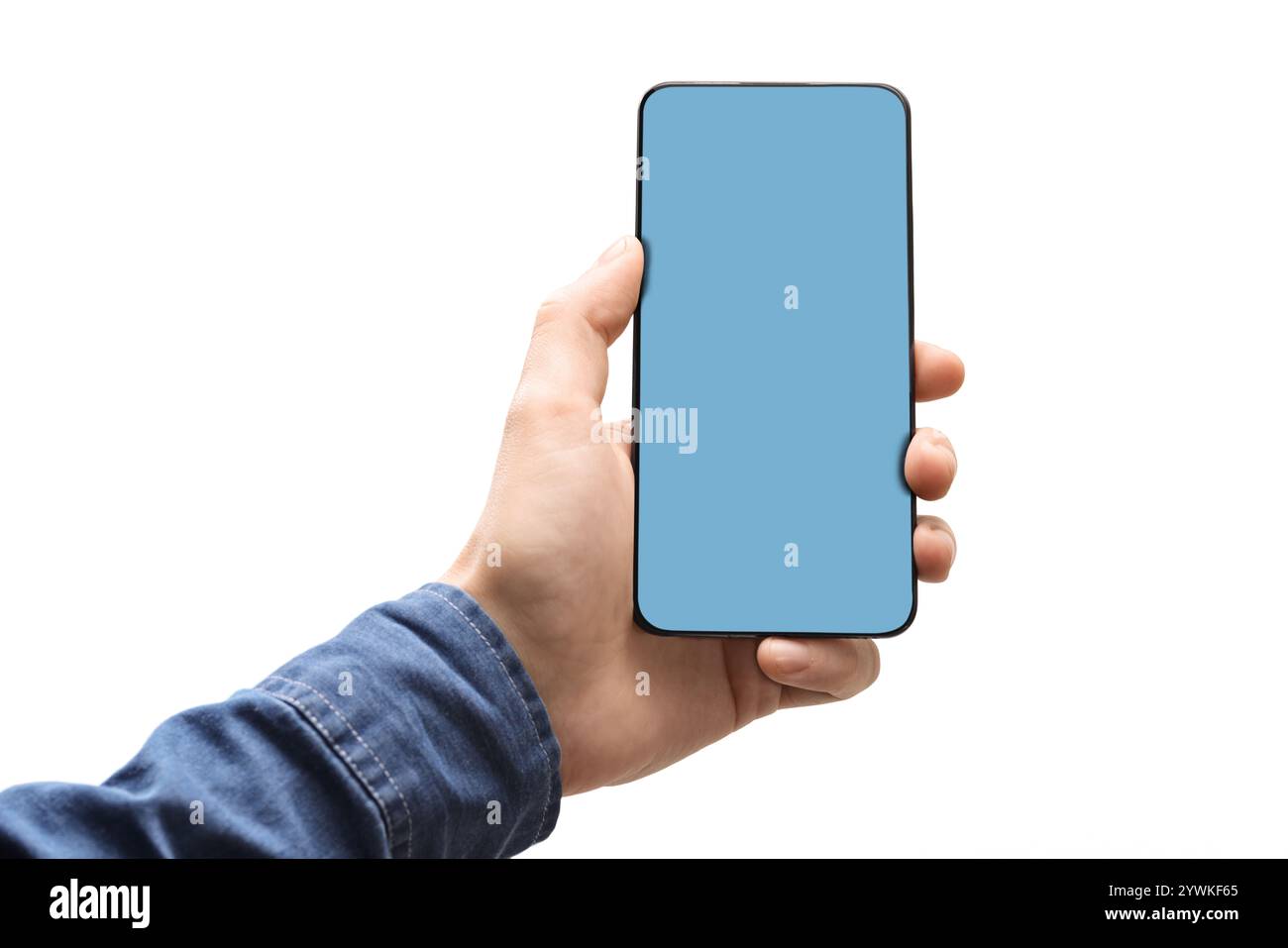 Male hand holding a smartphone with blue screen isolated on white ...