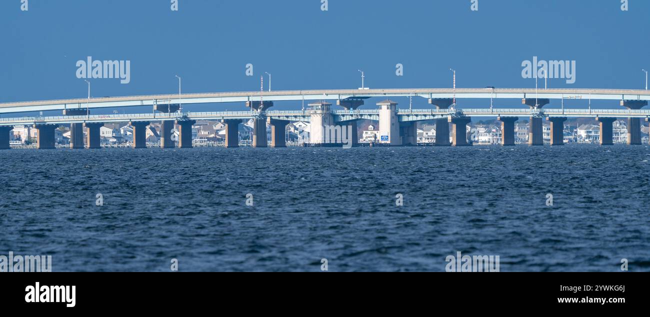 Mathis/Tunney Bridges are a pair of bridges that span Barnegat Bay in Ocean County, New Jersey, connecting Route 37 in Toms River with Pelican Island. Stock Photo